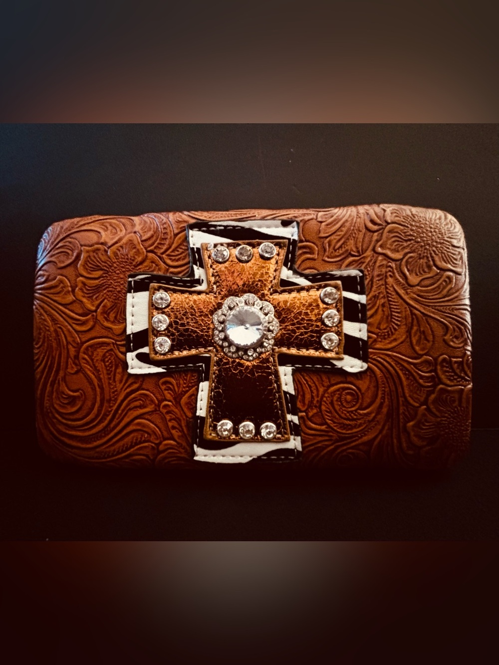 🔥NWOT Unbranded Women’s Western Floral Embossed Faux Leather Wallet Bling Clutch